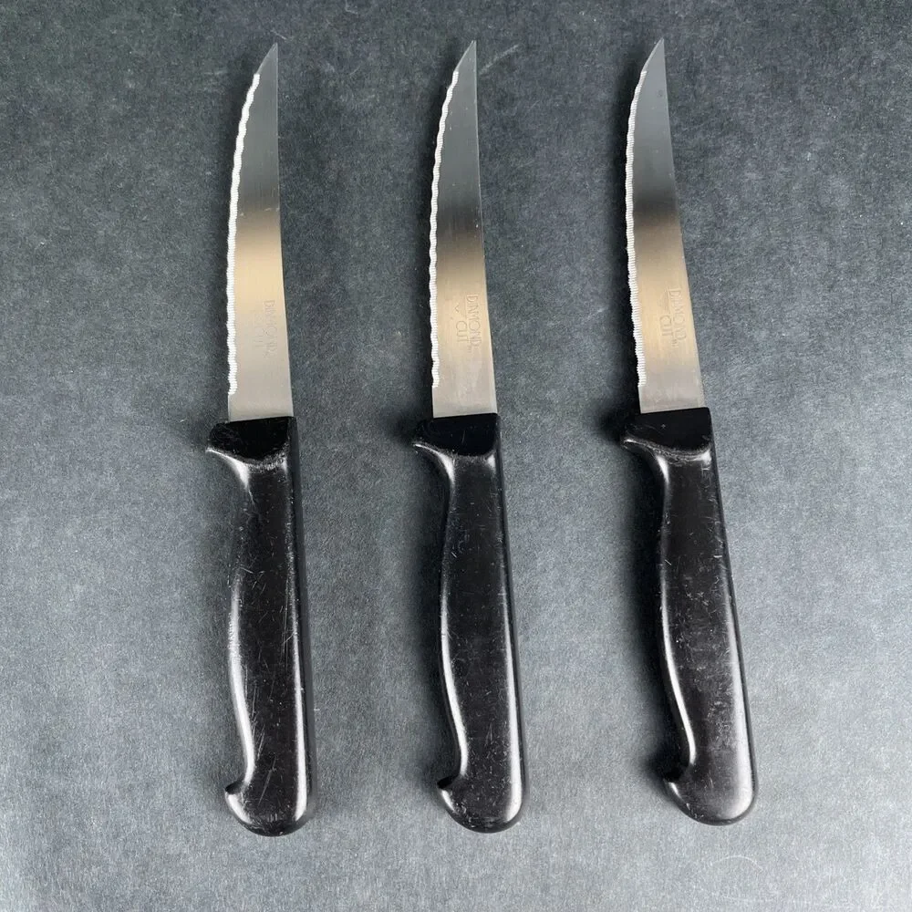 3 Diamond Cut Steak Knife Stainless Black Composite Handle 4.25